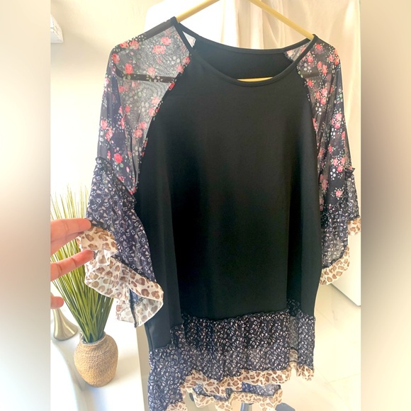 Women’s Floral Boho Crew Neck Top, Black, Size Large - Picture 4 of 8